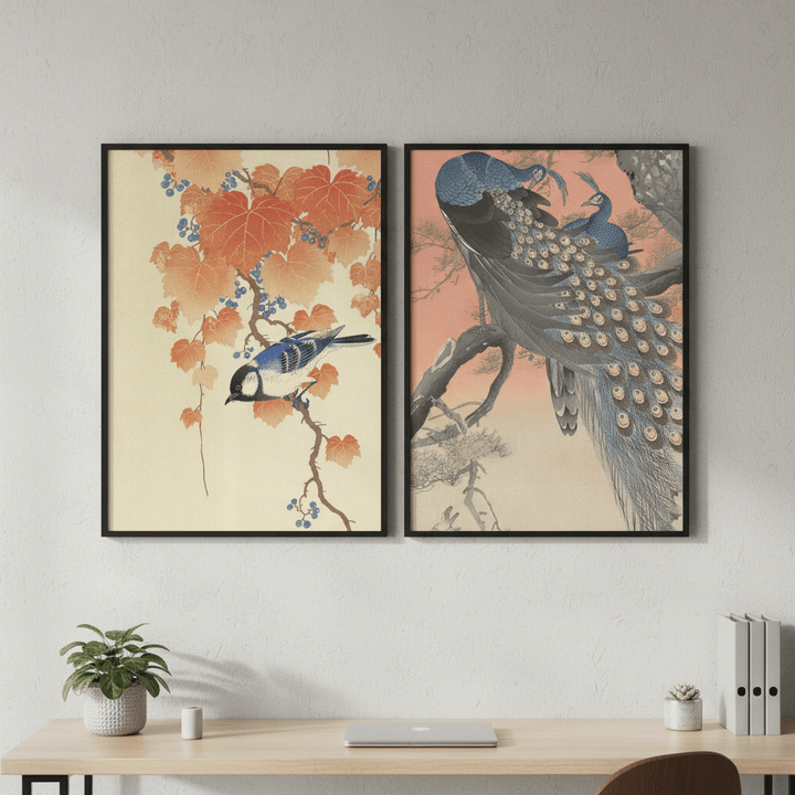 Peacock and Japanese Bird Woodblock Prints Duo by Ohara Koson wall - art - picture - poster