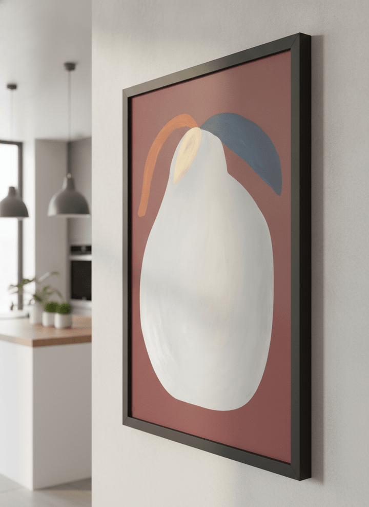 Artwork styled on the wall of a bright modern kitchen