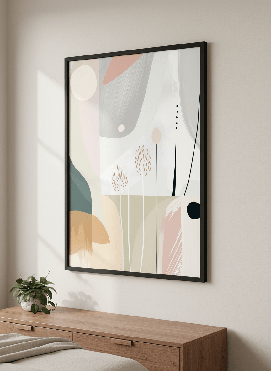 Minimalist artwork displayed in a calm, light-filled bedroom interior