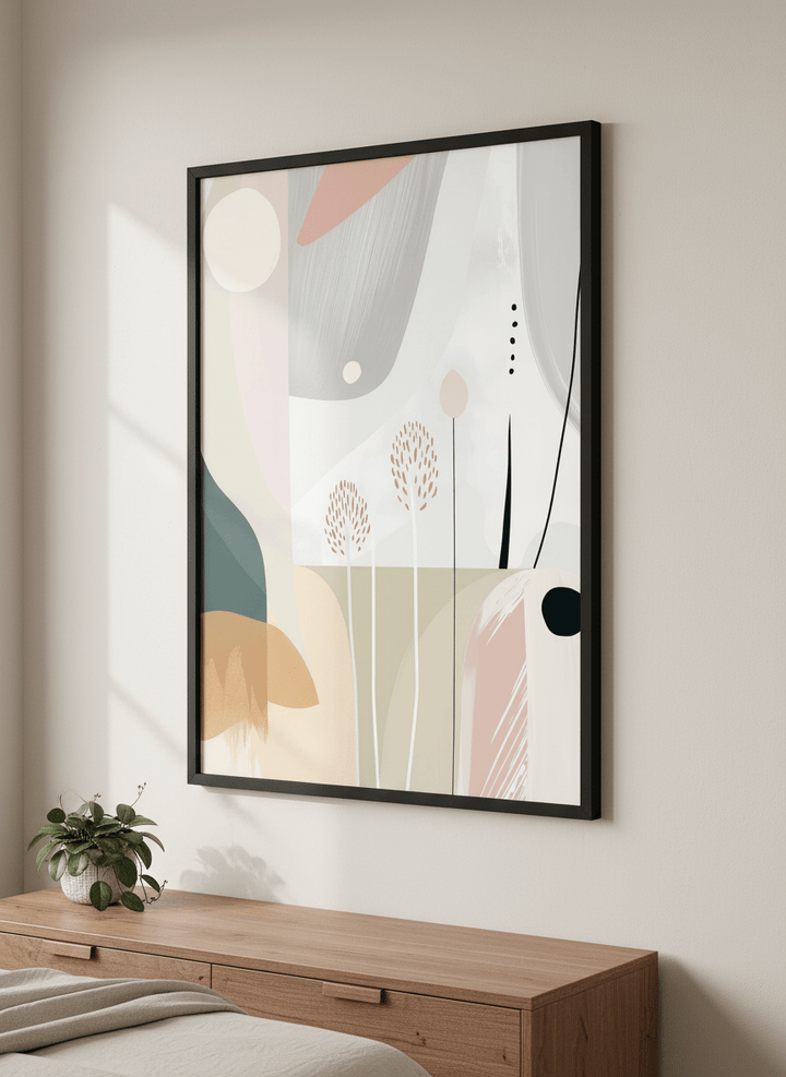 Minimalist artwork displayed in a calm, light-filled bedroom interior