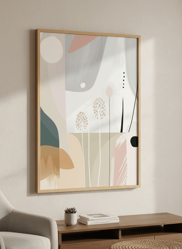 Modern wall art styled above a sofa in a neutral living room