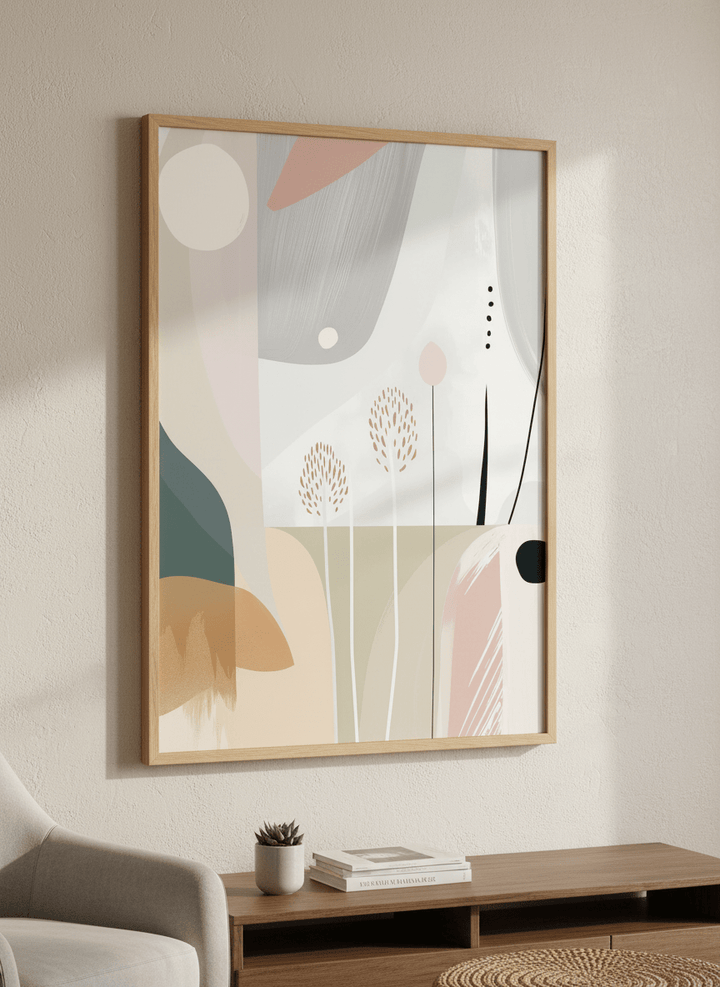 Modern wall art styled above a sofa in a neutral living room