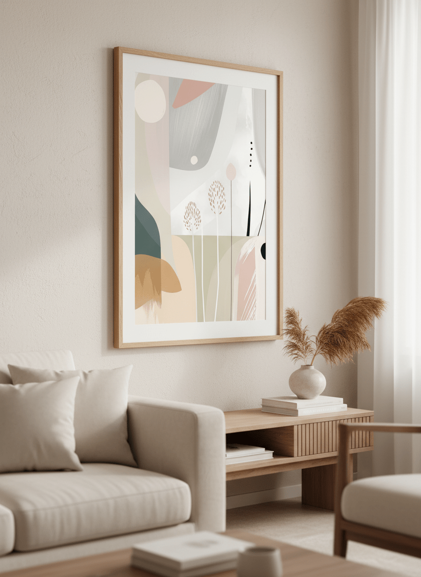 Modern wall art styled above a sofa in a neutral living room