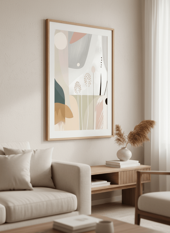 Modern wall art styled above a sofa in a neutral living room