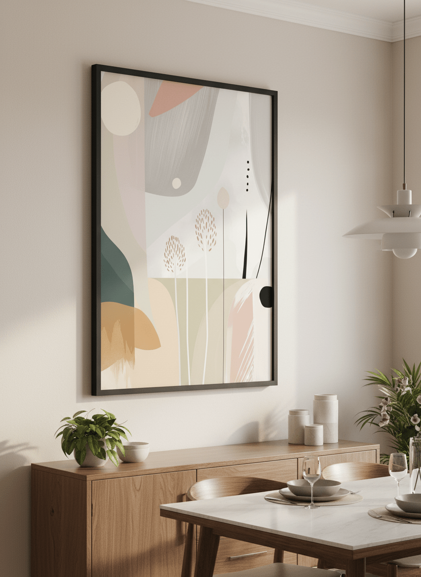 Wall art styled above a dining table in a contemporary home