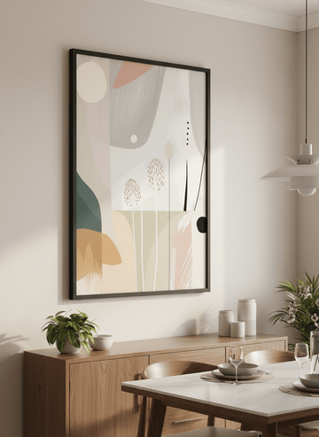 Wall art styled above a dining table in a contemporary home