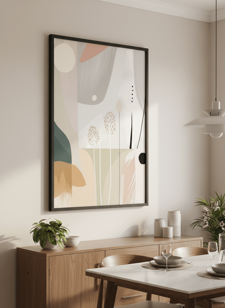 Wall art styled above a dining table in a contemporary home