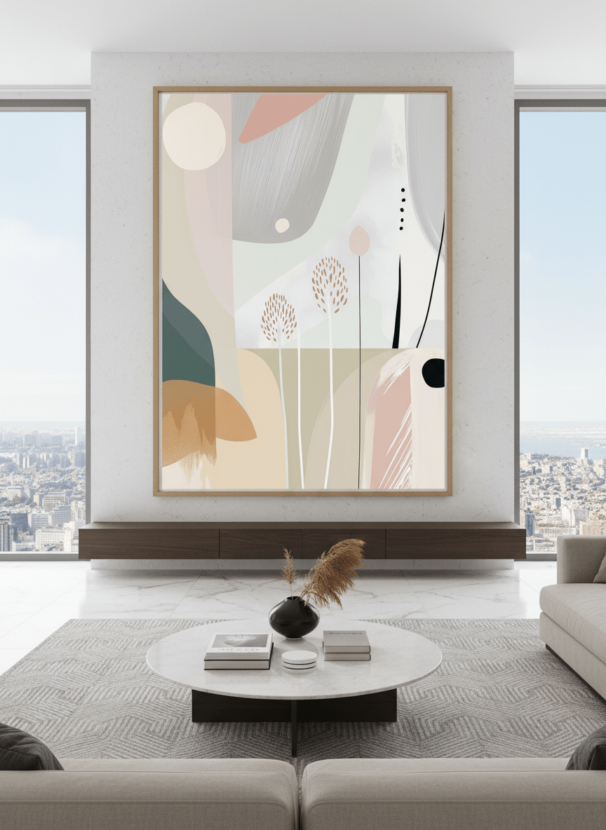 Monumental artwork centred on a feature wall in a luxe interior