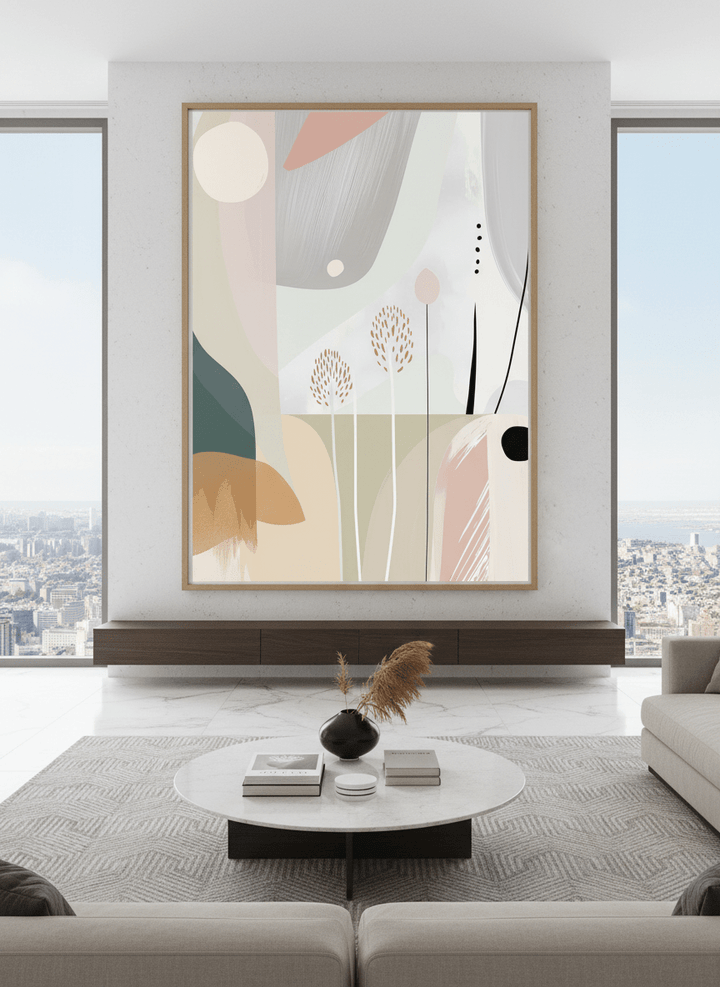 Monumental artwork centred on a feature wall in a luxe interior