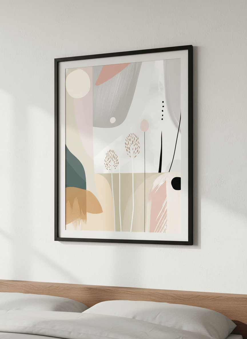 Minimalist artwork displayed in a calm, light-filled bedroom interior