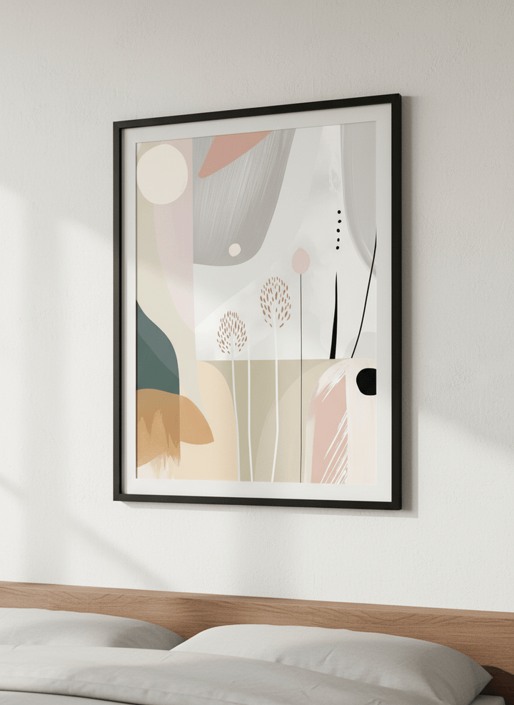 Minimalist artwork displayed in a calm, light-filled bedroom interior