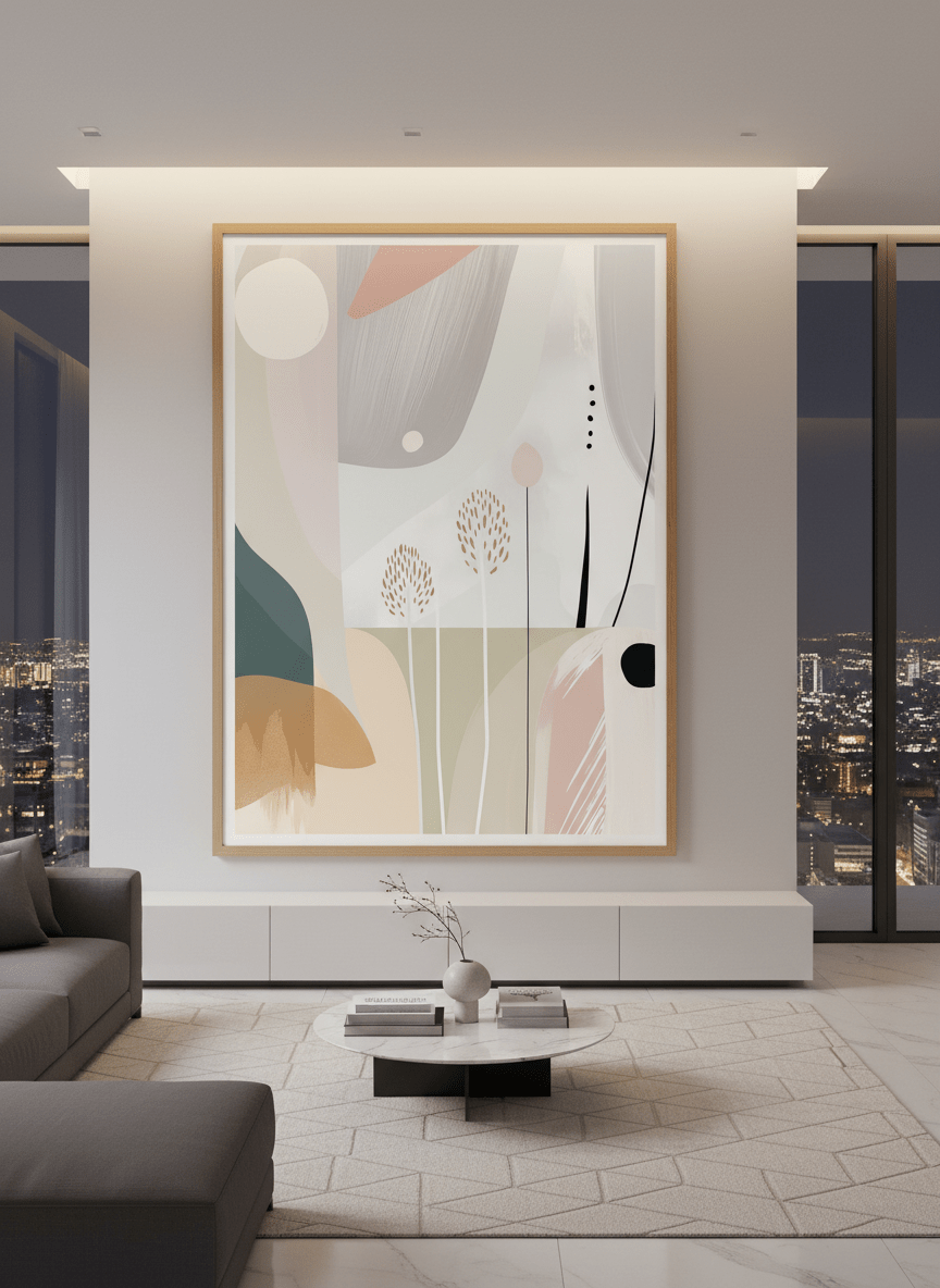 Monumental artwork centred on a feature wall in a luxe interior