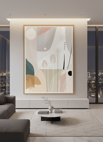Monumental artwork centred on a feature wall in a luxe interior