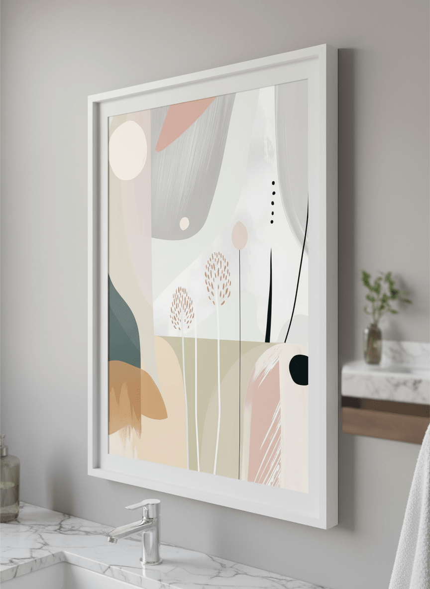 Modern print displayed in a clean minimalist bathroom setting
