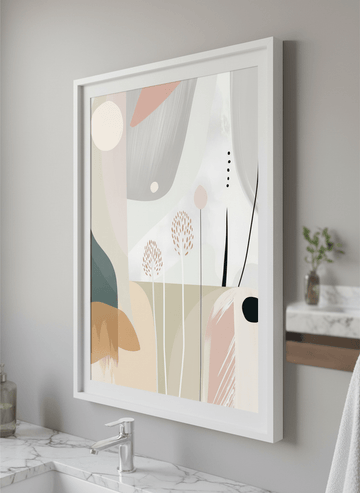 Modern print displayed in a clean minimalist bathroom setting