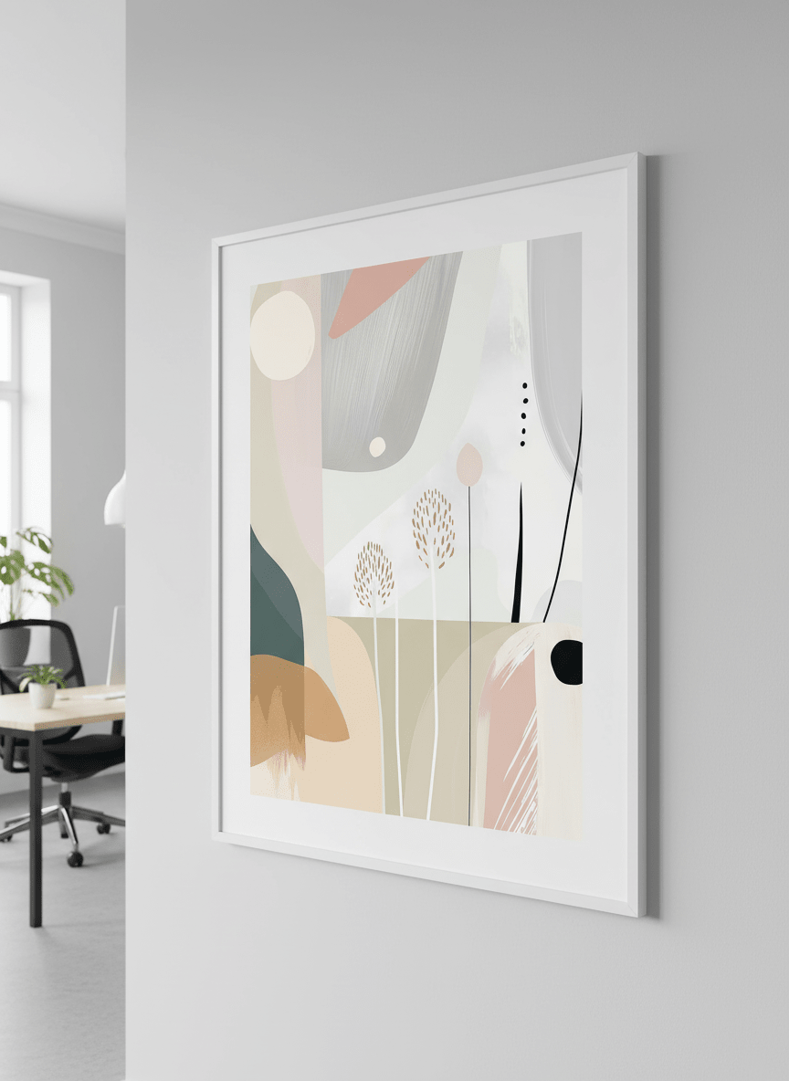 Contemporary wall art featured in a bright modern office workspace