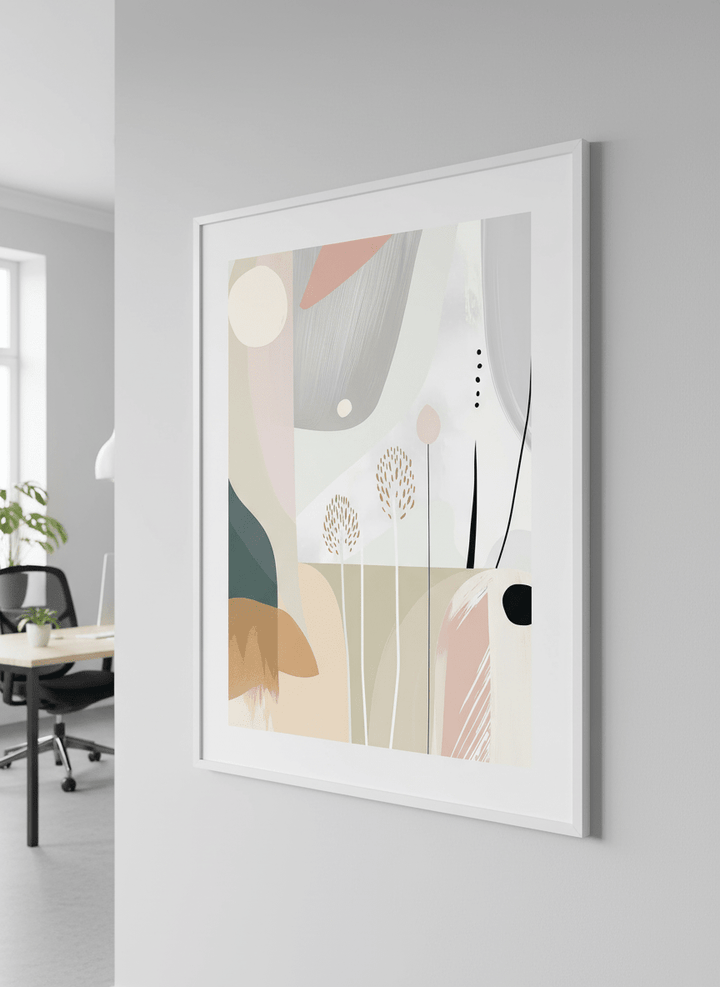 Contemporary wall art featured in a bright modern office workspace