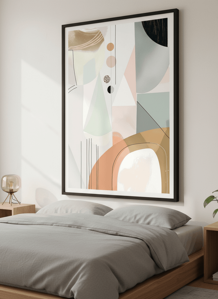 Minimalist artwork displayed in a calm, light-filled bedroom interior