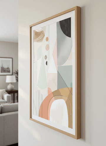 Modern wall art styled above a sofa in a neutral living room
