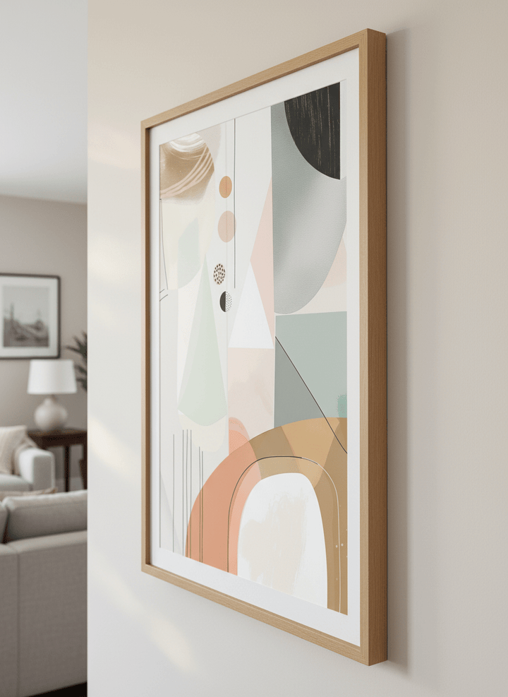 Modern wall art styled above a sofa in a neutral living room