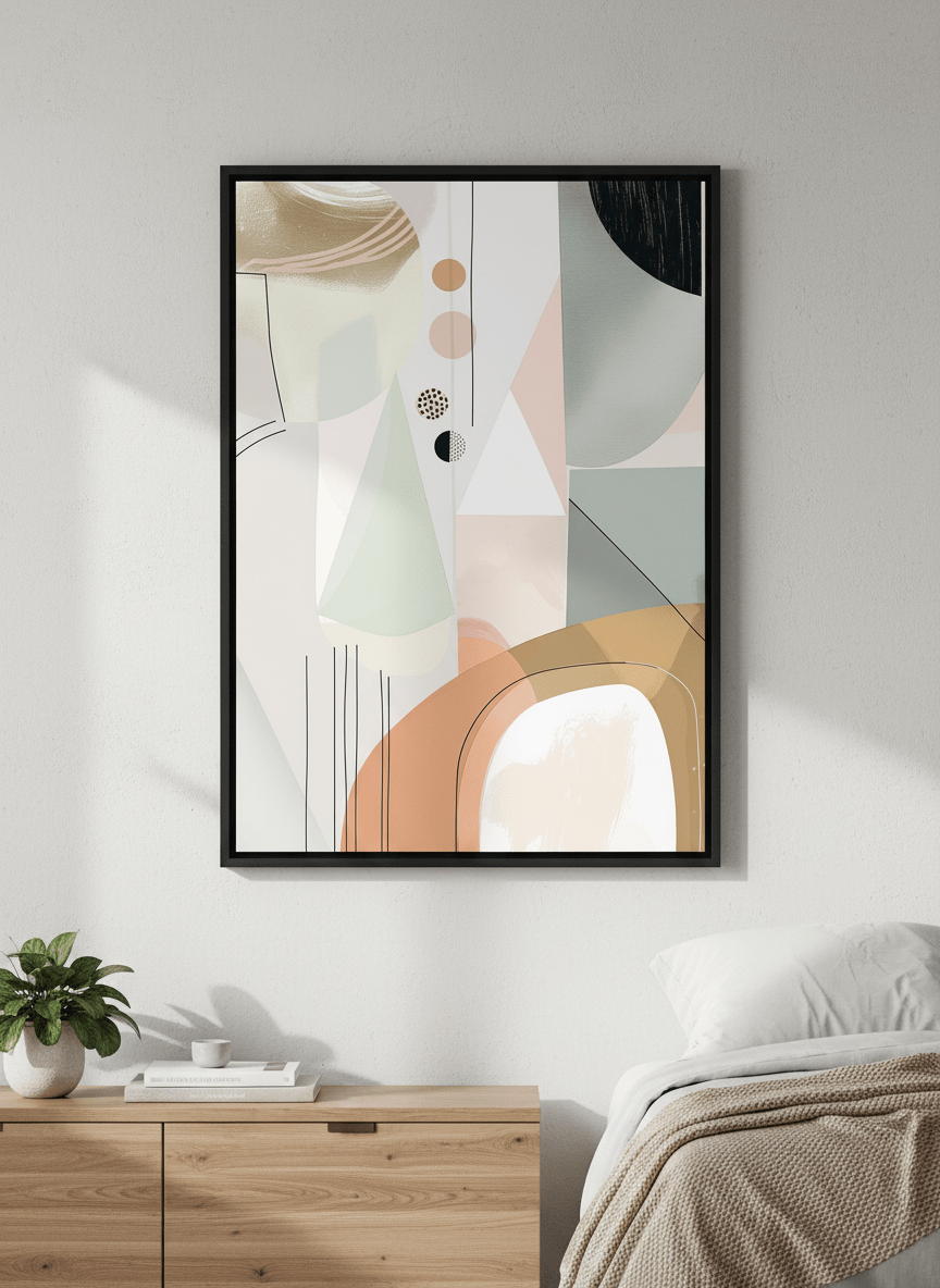 Minimalist artwork displayed in a calm, light-filled bedroom interior