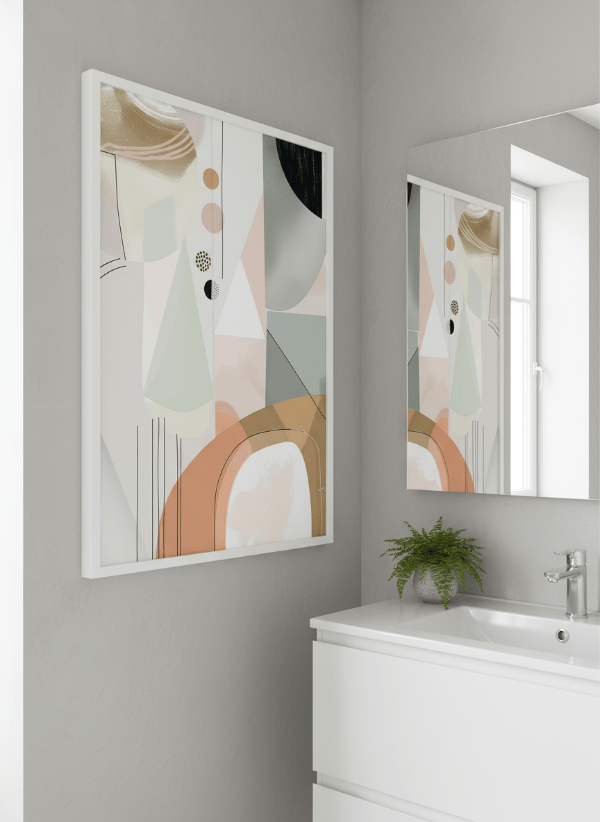 Modern print displayed in a clean minimalist bathroom setting