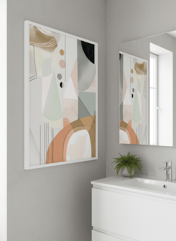 Modern print displayed in a clean minimalist bathroom setting