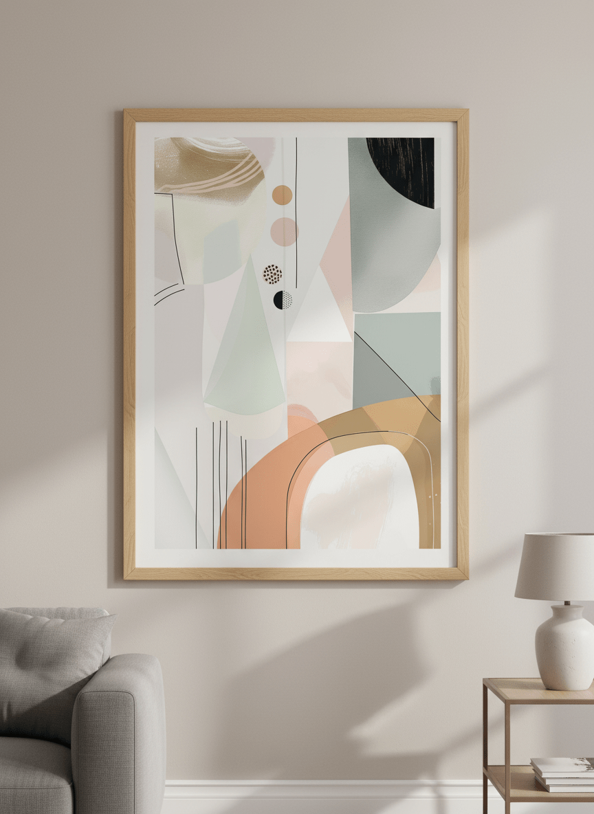 Modern wall art styled above a sofa in a neutral living room