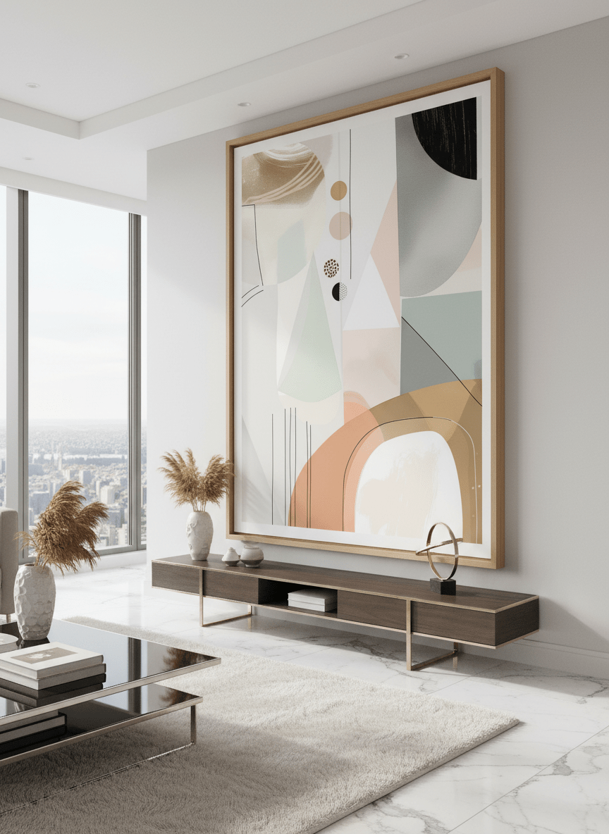 Monumental artwork centred on a feature wall in a luxe interior