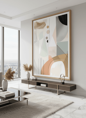 Monumental artwork centred on a feature wall in a luxe interior