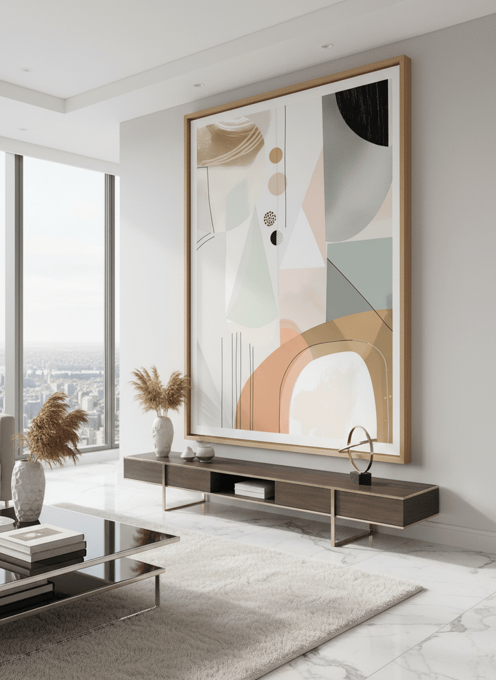 Monumental artwork centred on a feature wall in a luxe interior