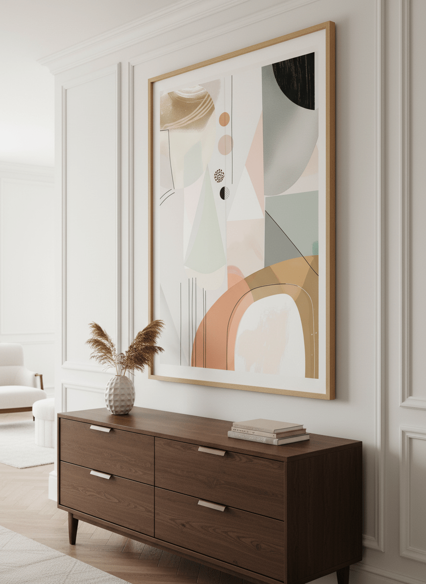 Monumental artwork centred on a feature wall in a luxe interior