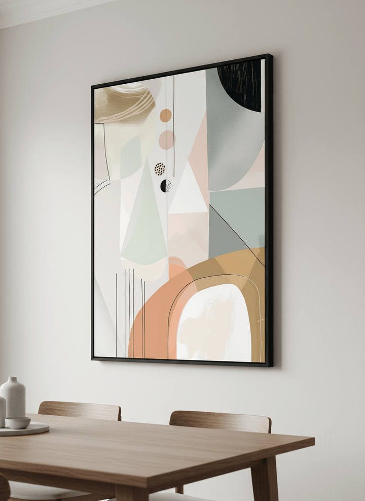 Wall art styled above a dining table in a contemporary home