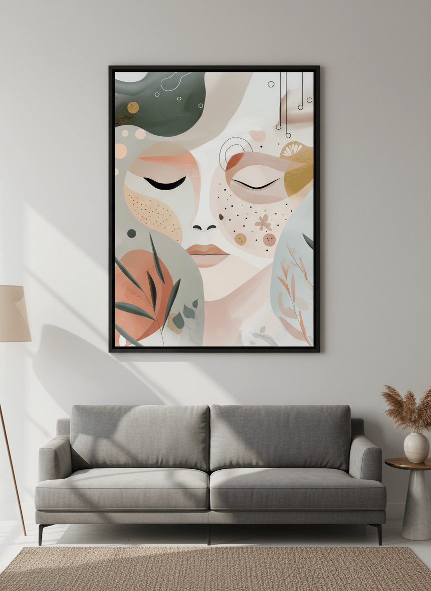 Modern wall art styled above a sofa in a neutral living room