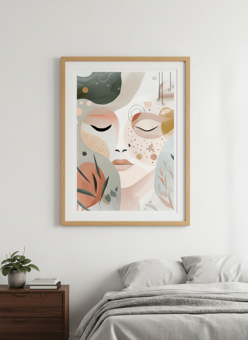 Minimalist artwork displayed in a calm, light-filled bedroom interior