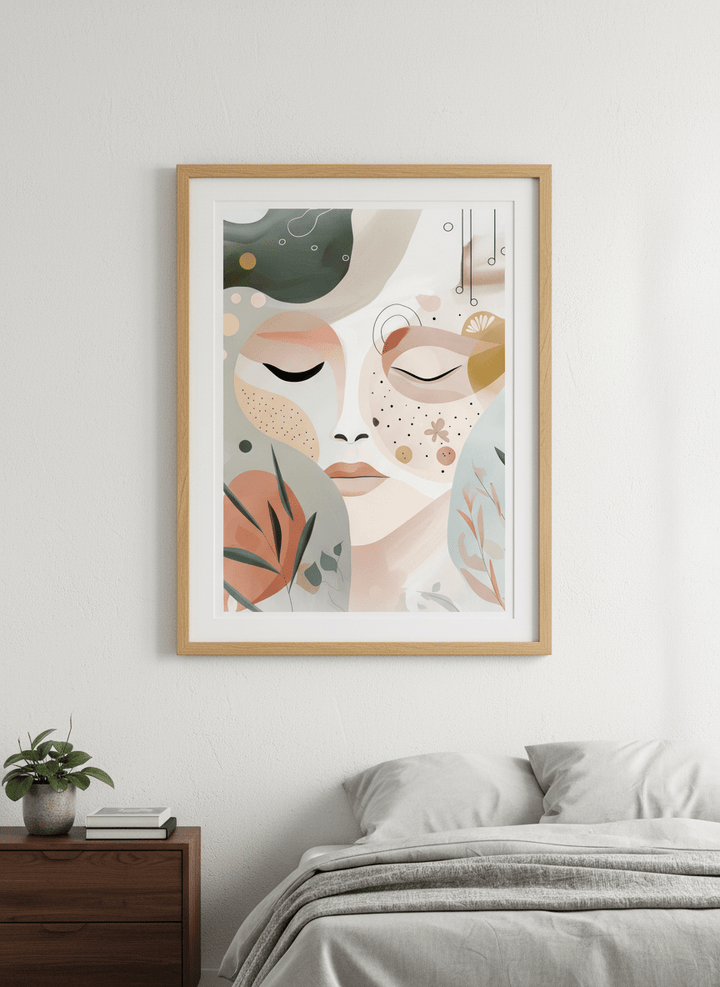 Minimalist artwork displayed in a calm, light-filled bedroom interior