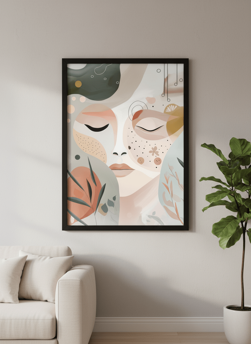 Modern wall art styled above a sofa in a neutral living room