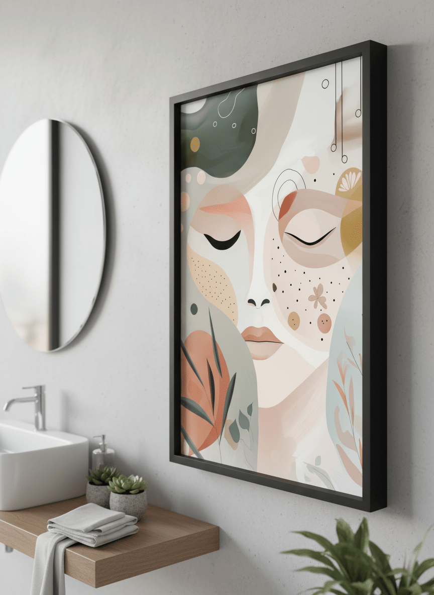 Modern print displayed in a clean minimalist bathroom setting
