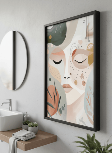 Modern print displayed in a clean minimalist bathroom setting