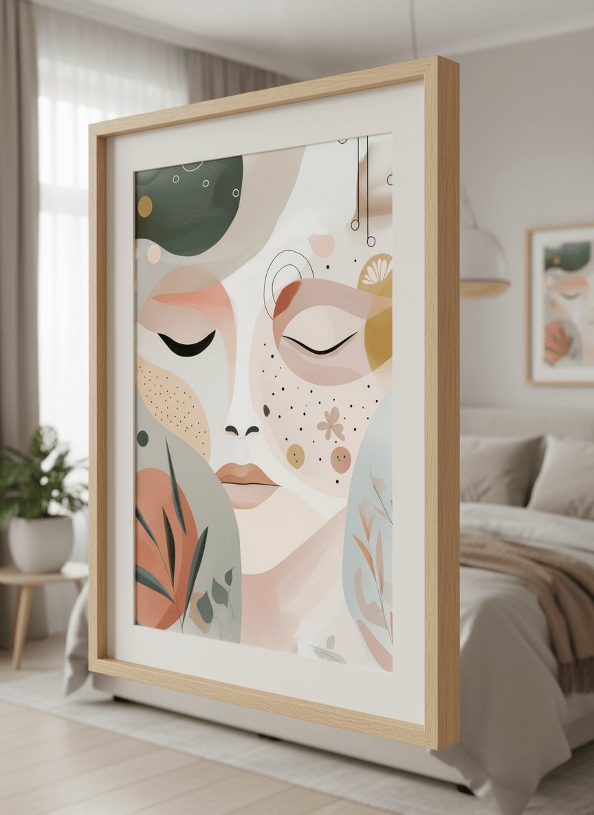 Minimalist artwork displayed in a calm, light-filled bedroom interior