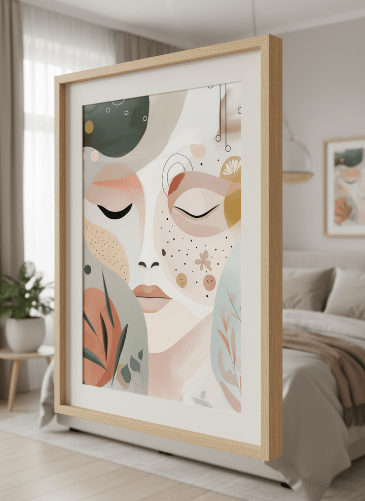 Minimalist artwork displayed in a calm, light-filled bedroom interior