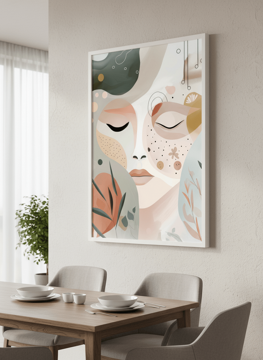 Wall art styled above a dining table in a contemporary home