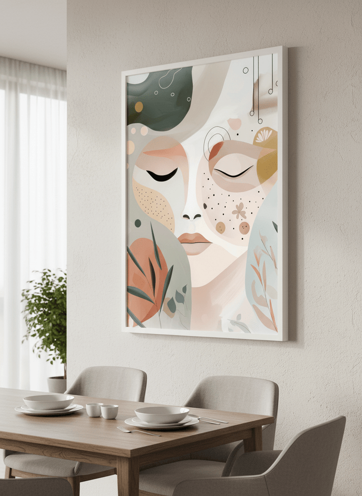 Wall art styled above a dining table in a contemporary home