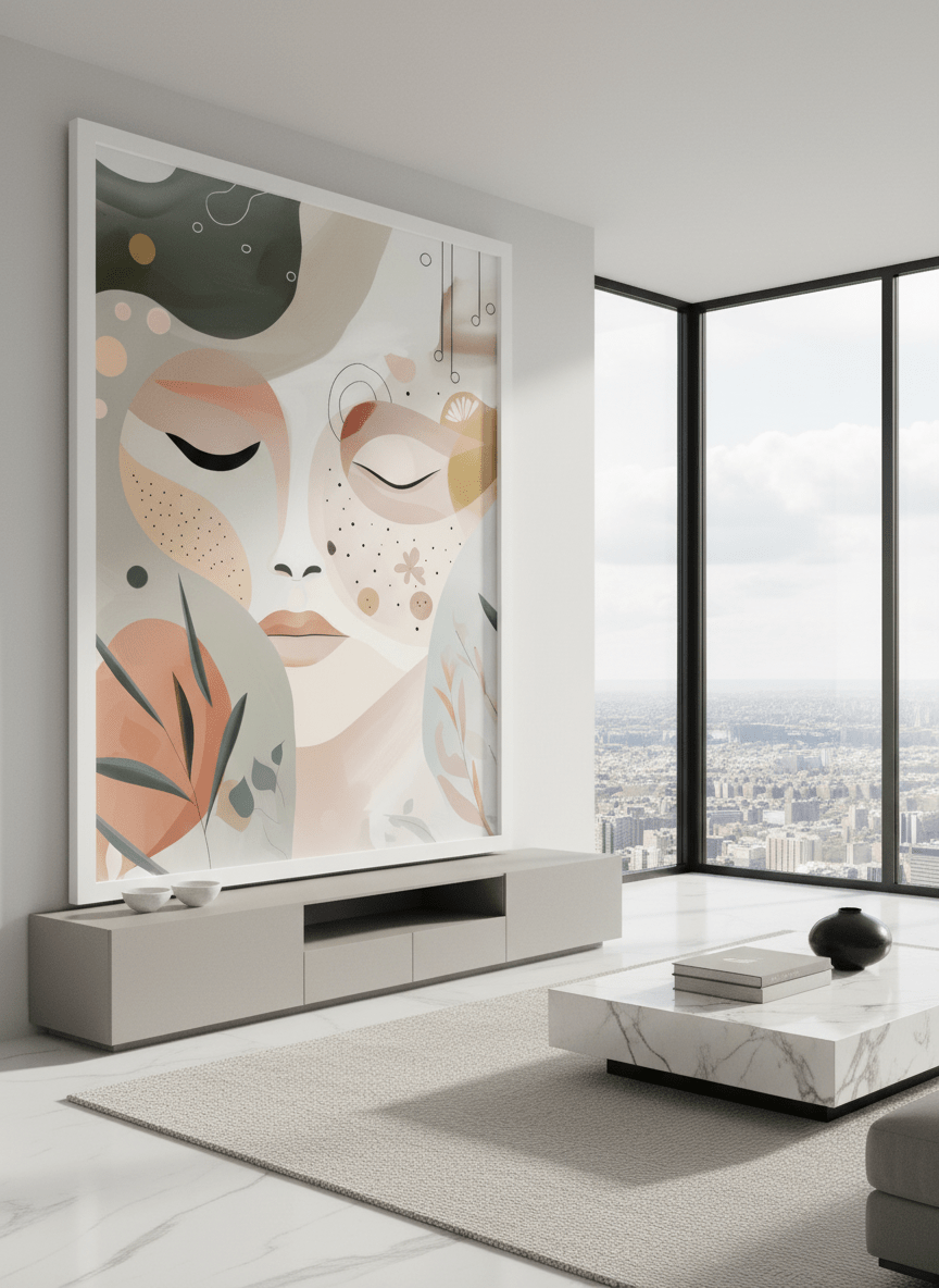 Monumental artwork centred on a feature wall in a luxe interior