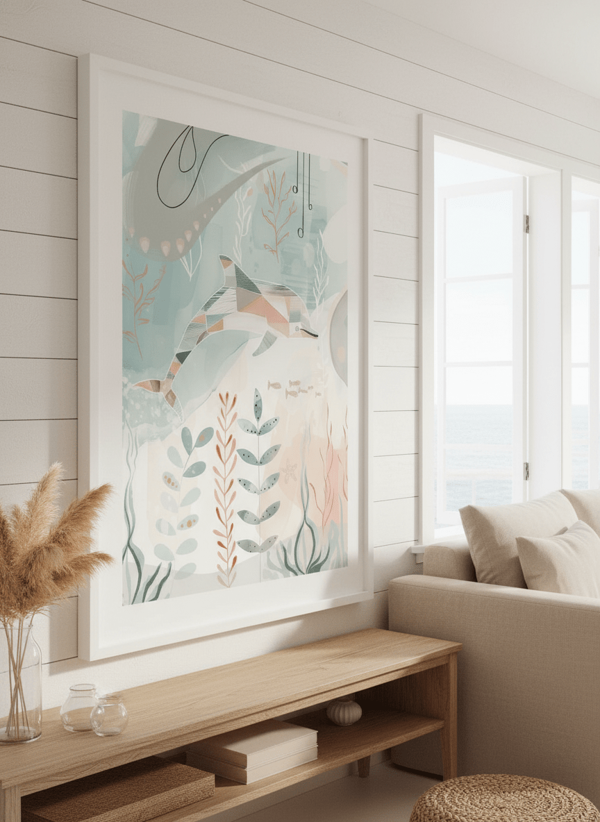 Neutral wall art displayed in a sunny coastal beach house