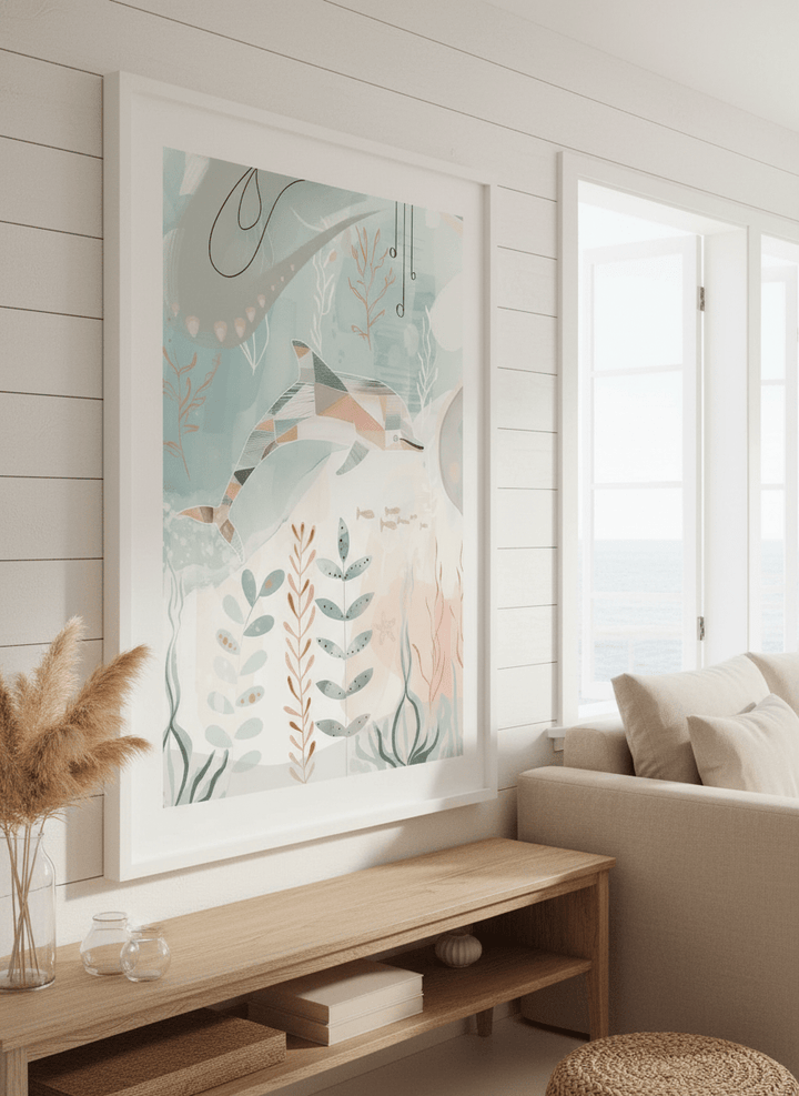 Neutral wall art displayed in a sunny coastal beach house