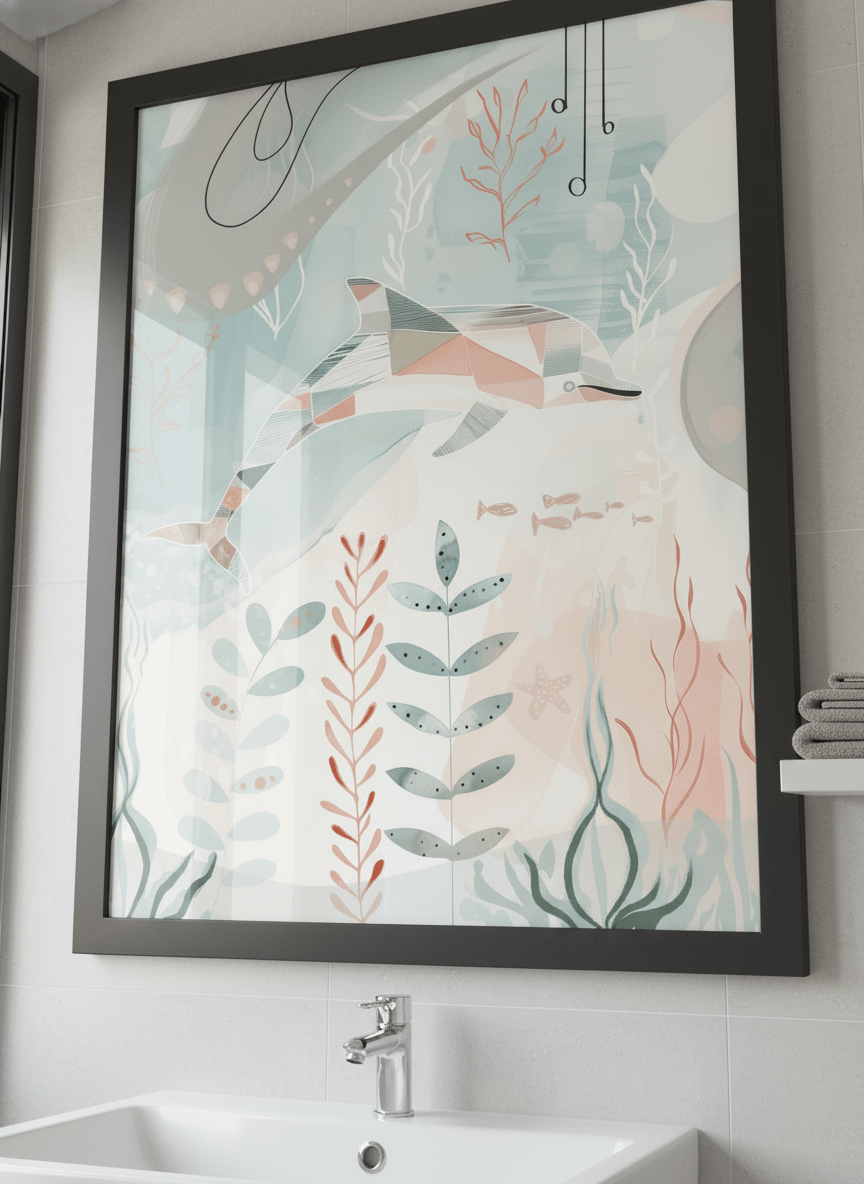 Modern print displayed in a clean minimalist bathroom setting