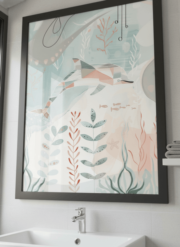 Modern print displayed in a clean minimalist bathroom setting