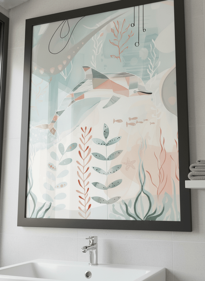 Modern print displayed in a clean minimalist bathroom setting