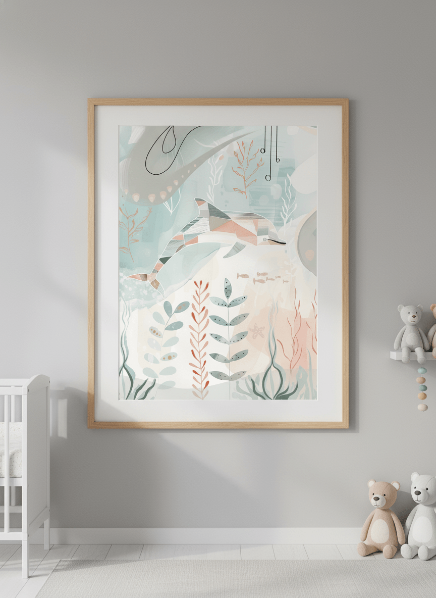 Soft neutral wall art styled in a serene nursery with pastel tones
